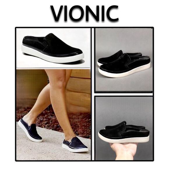 Vionic Shoes - Vionic Effortless Nubuck Patent Trim Mules Slip On Slides Sneakers Black
